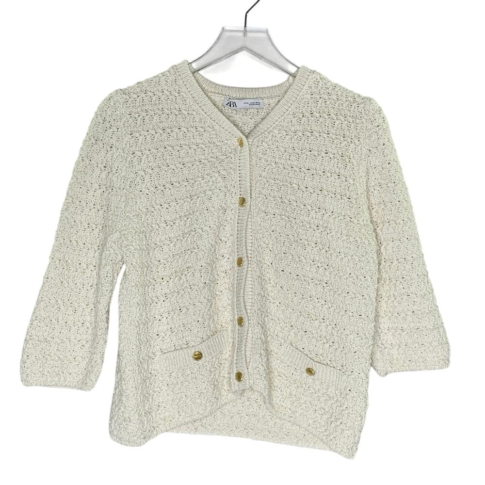 Zara Metallic Thread Knit Cropped Cardigan XL SLIM Ivory Gold Button Half Sleeve
